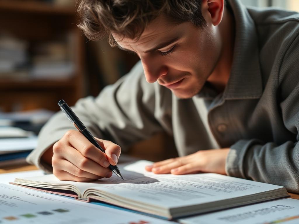 Person deeply focused while handwriting notes demonstrating brain engagement