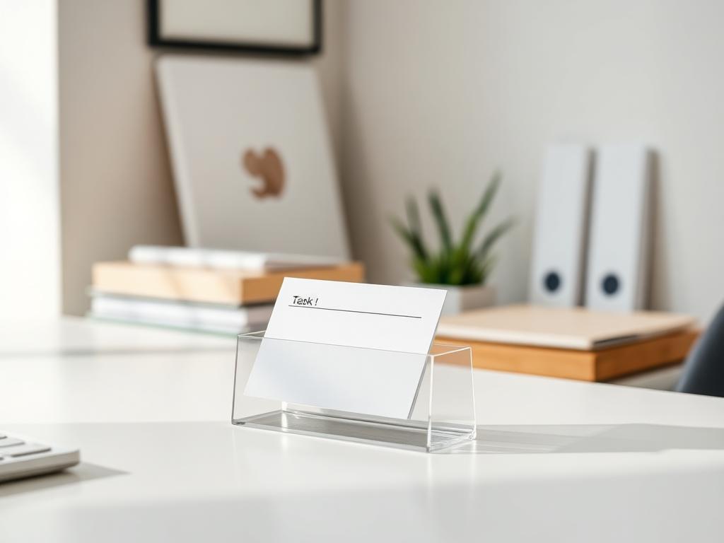 Task card displayed in elegant holder on desk