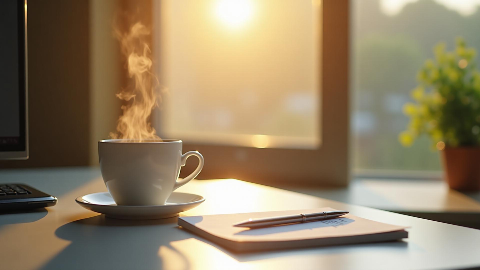Steaming coffee cup beside a notebook and pen on a sunlit desk