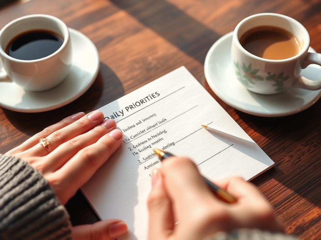 Hands writing priorities on task card during morning ritual