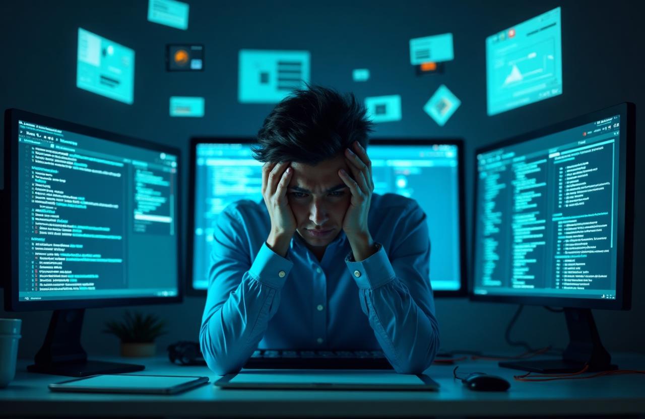 Person at a desk surrounded by several computer screens