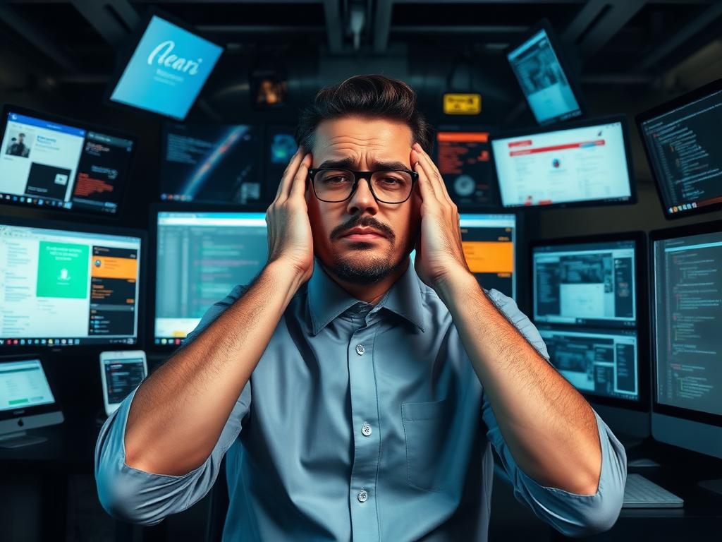 Professional overwhelmed by multiple screens and digital notifications