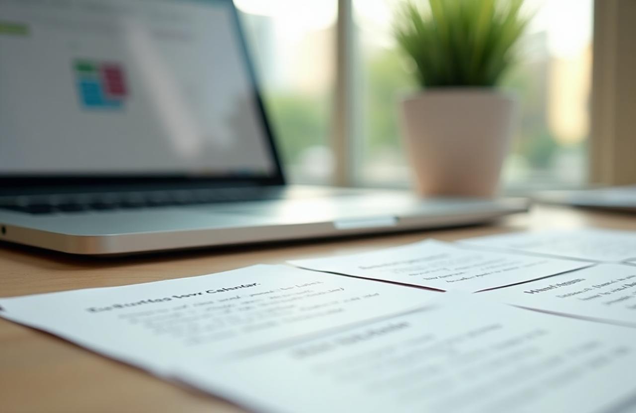 Desk with paper task cards beside an open laptop