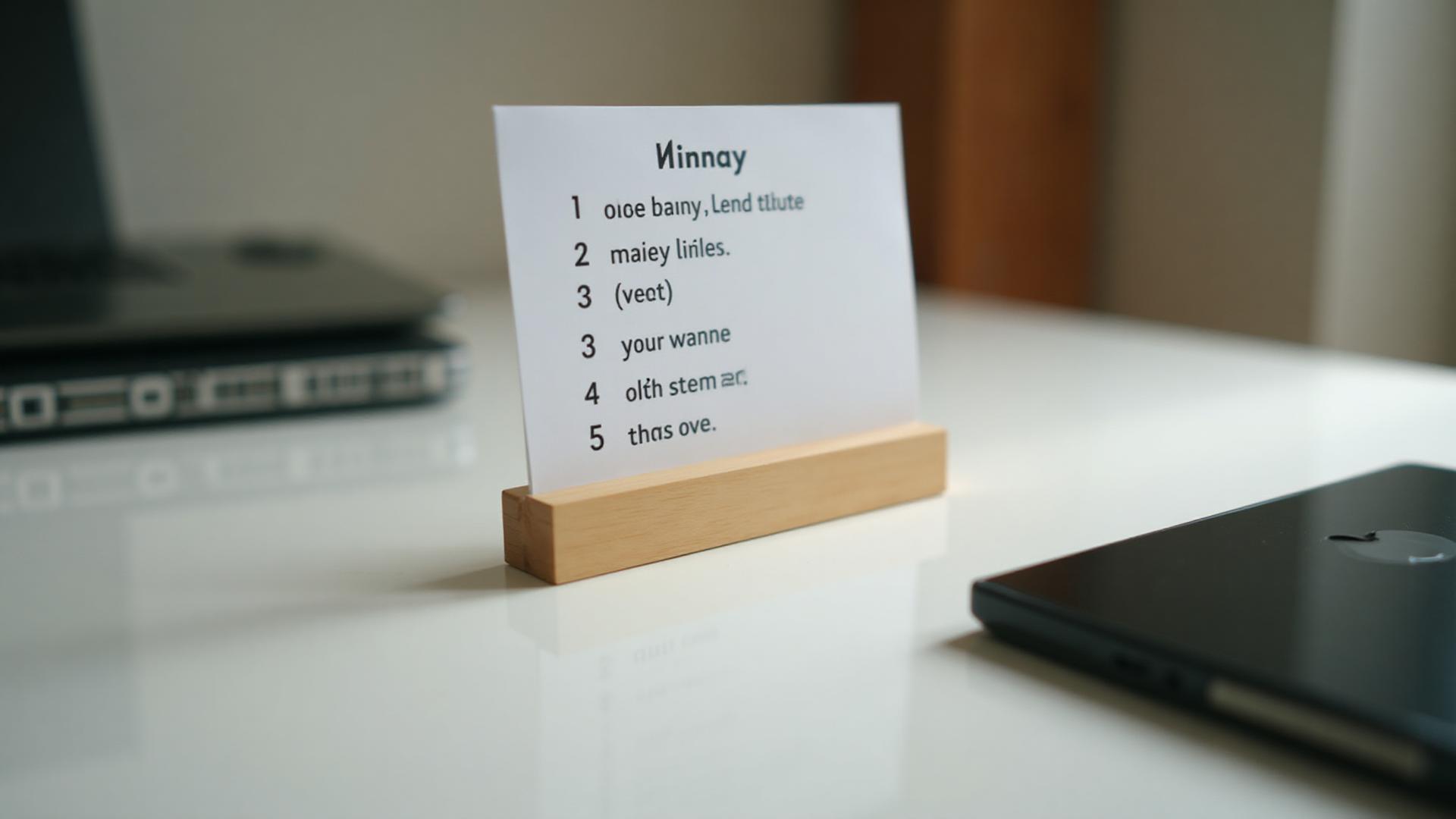 Card with a short numbered list standing in a holder on a white desk