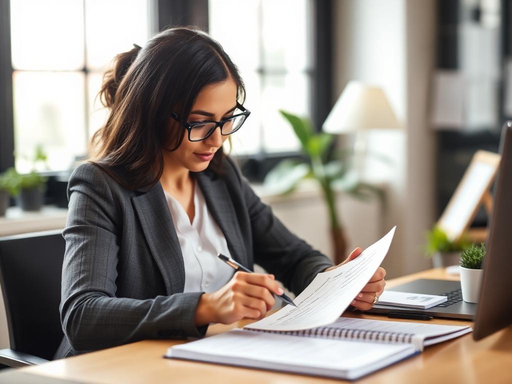 Professional mindfully reviewing handwritten task card with purpose