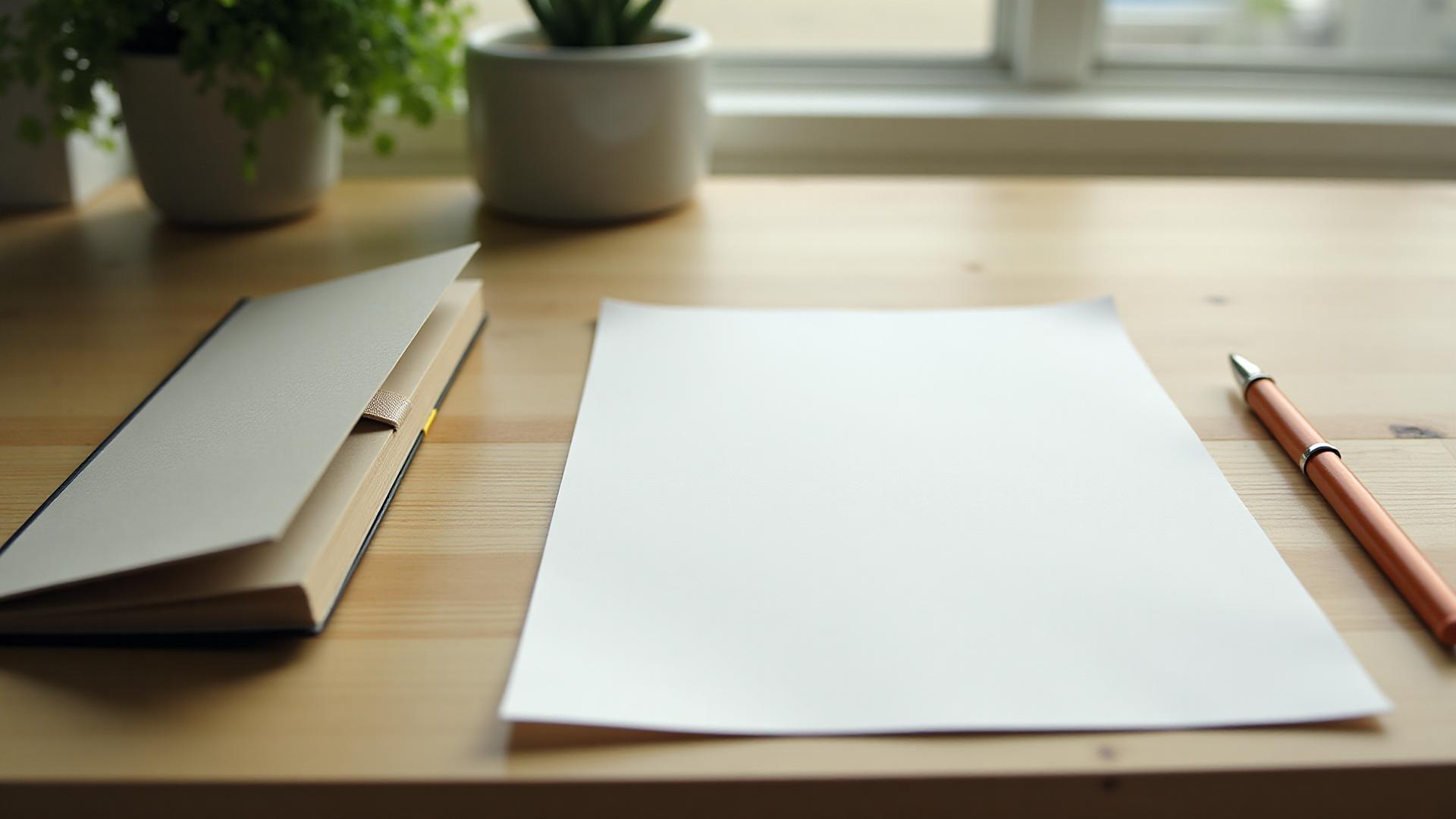 Blank sheet of paper and a pen on a clean wooden desk