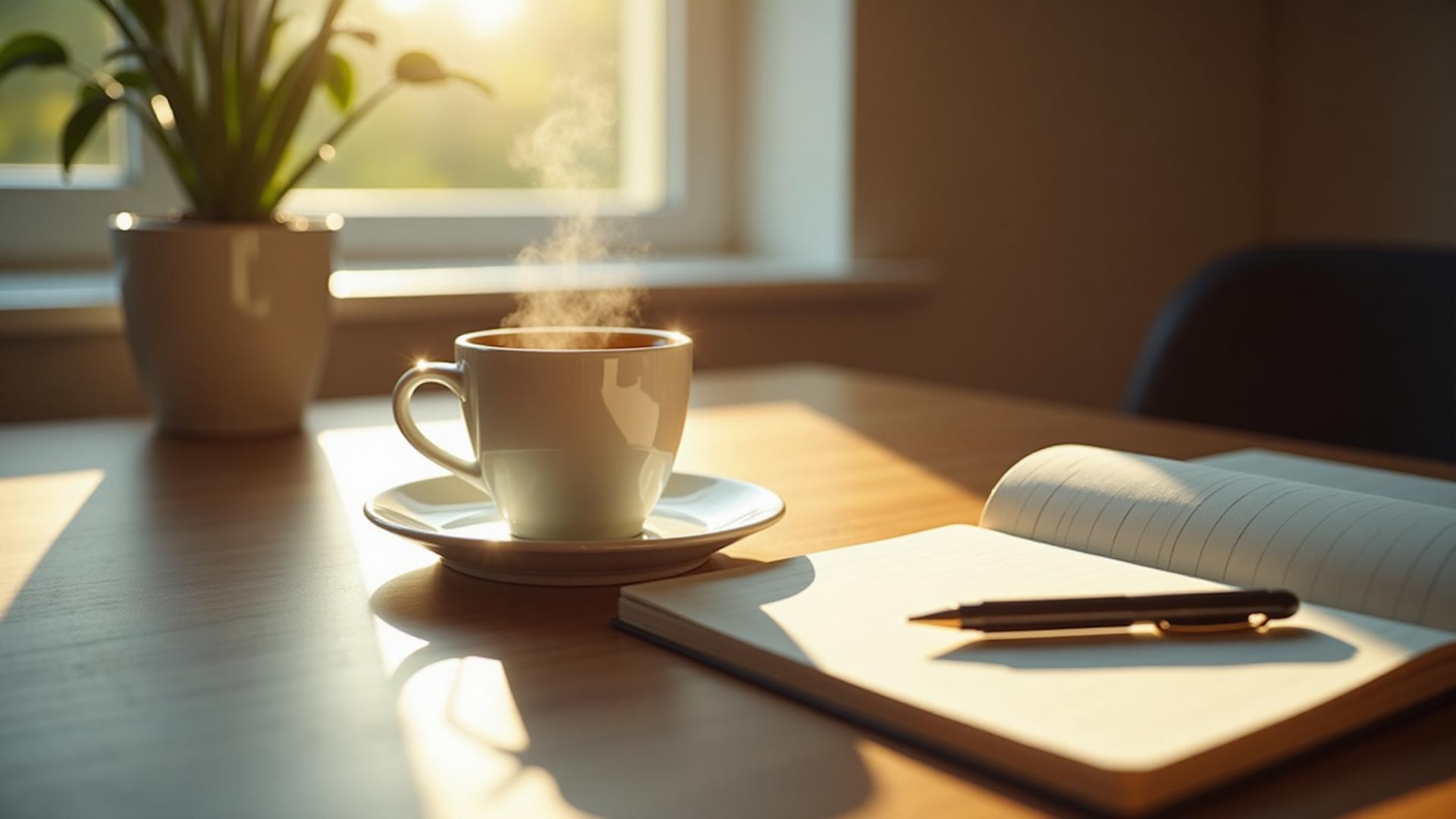 Coffee cup and open notebook with a pen on a desk near a window