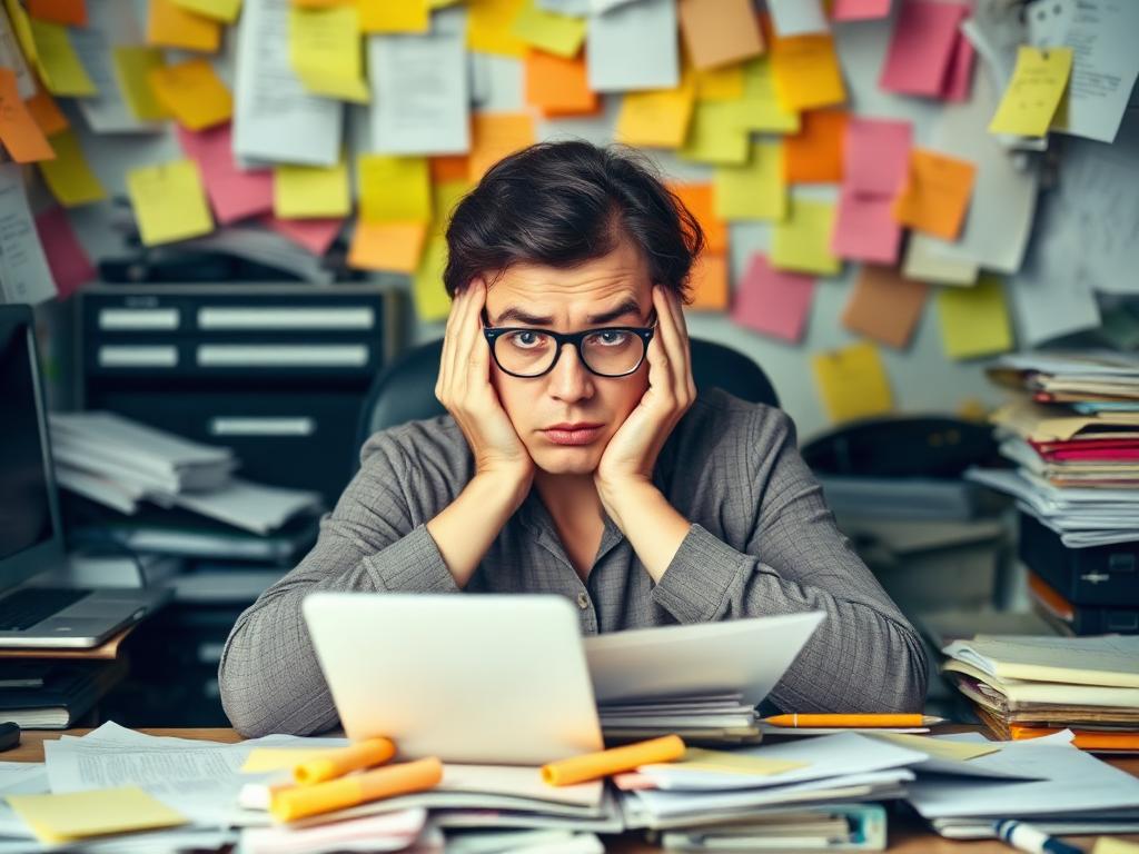 Overwhelmed professional surrounded by too many tasks and sticky notes