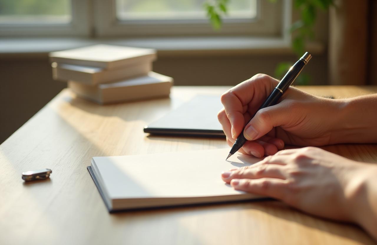 Hands writing on paper task cards at a desk