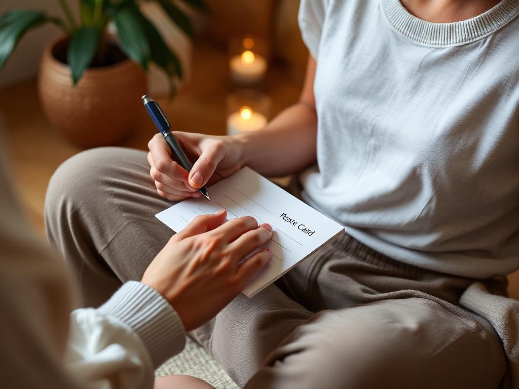 Person peacefully writing on task card in calming environment