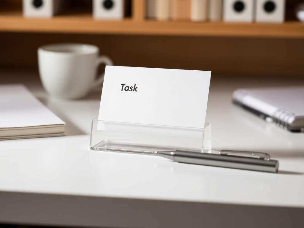 Clean minimalist desk with single task card in holder demonstrating simple effective system