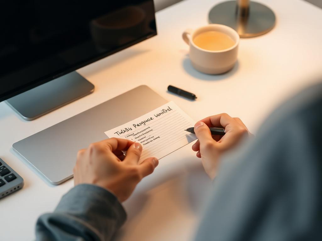 Person peacefully working with simplified analog workflow and handwritten task card