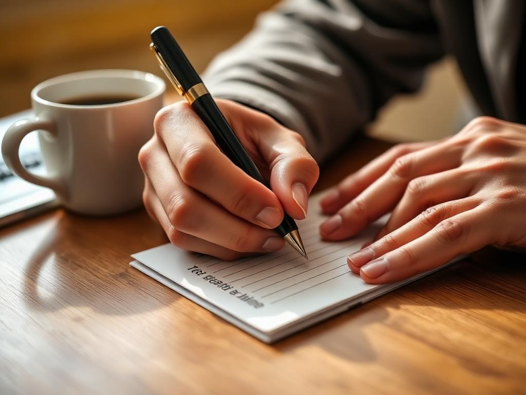 Writing daily tasks on a physical task card with coffee