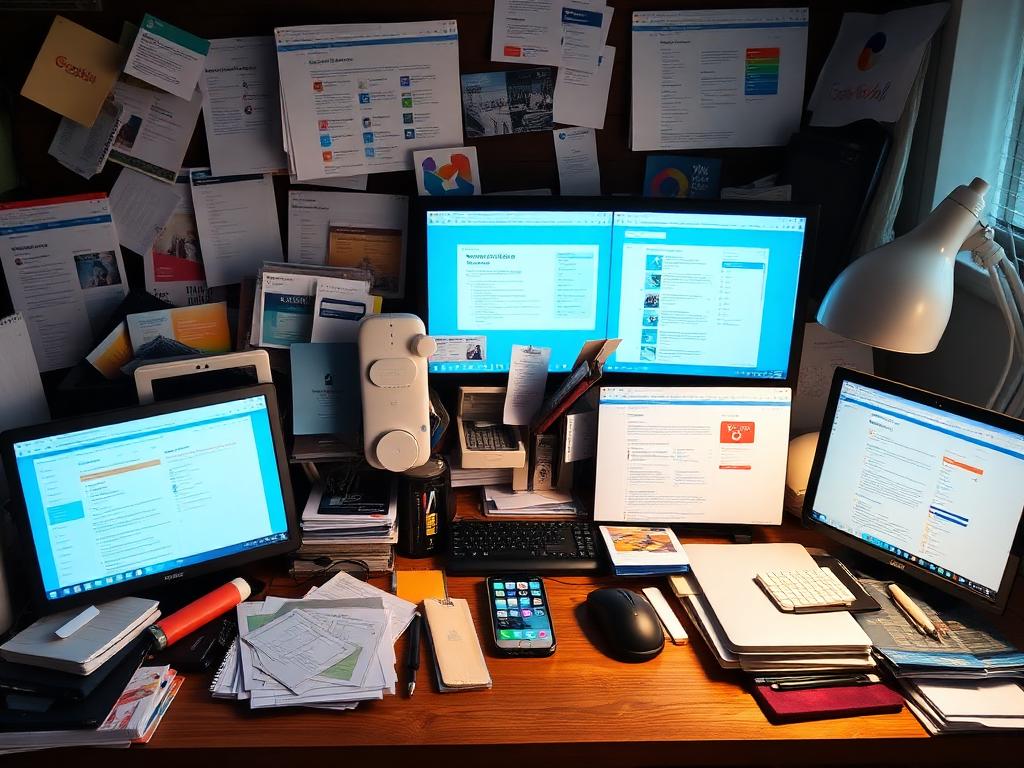 Cluttered desk with too many productivity apps and digital tools overwhelming the workspace