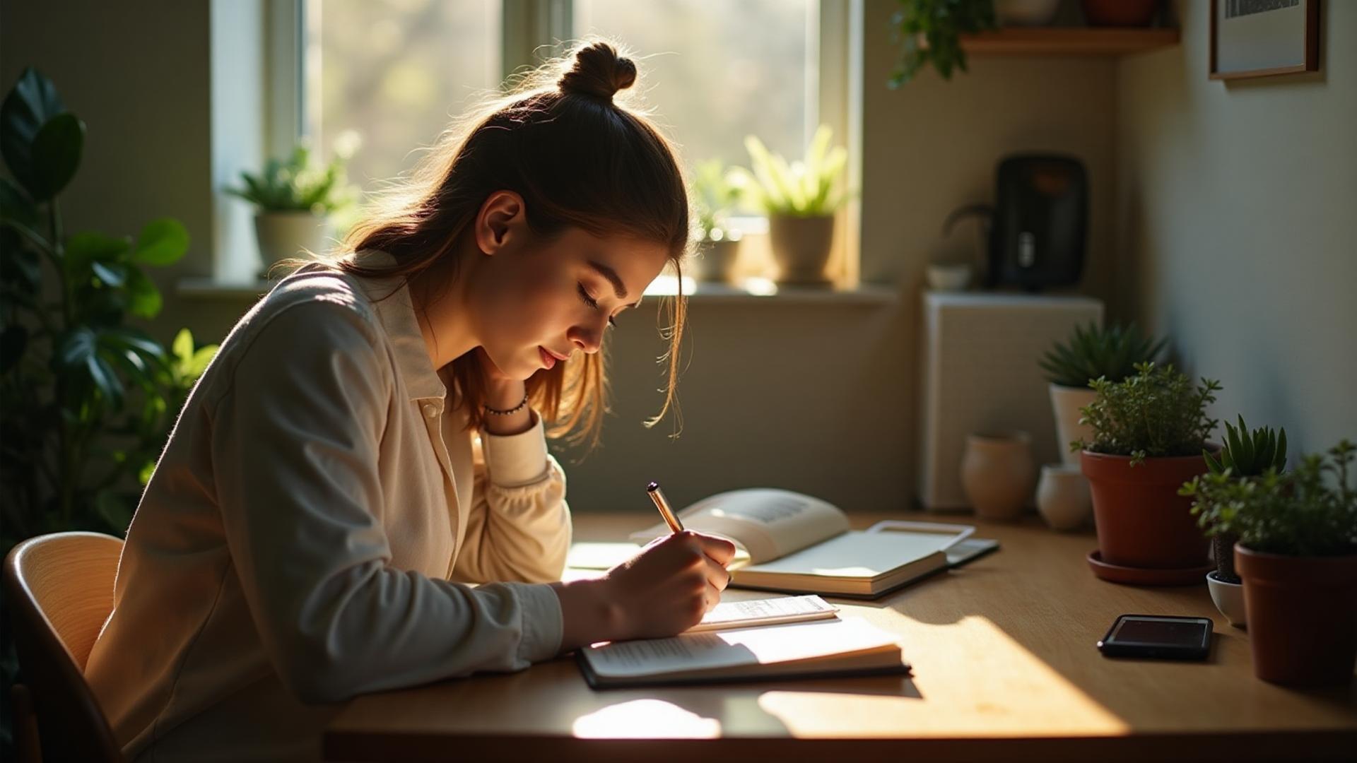 Person writing in a notebook at a bright desk surrounded by plants